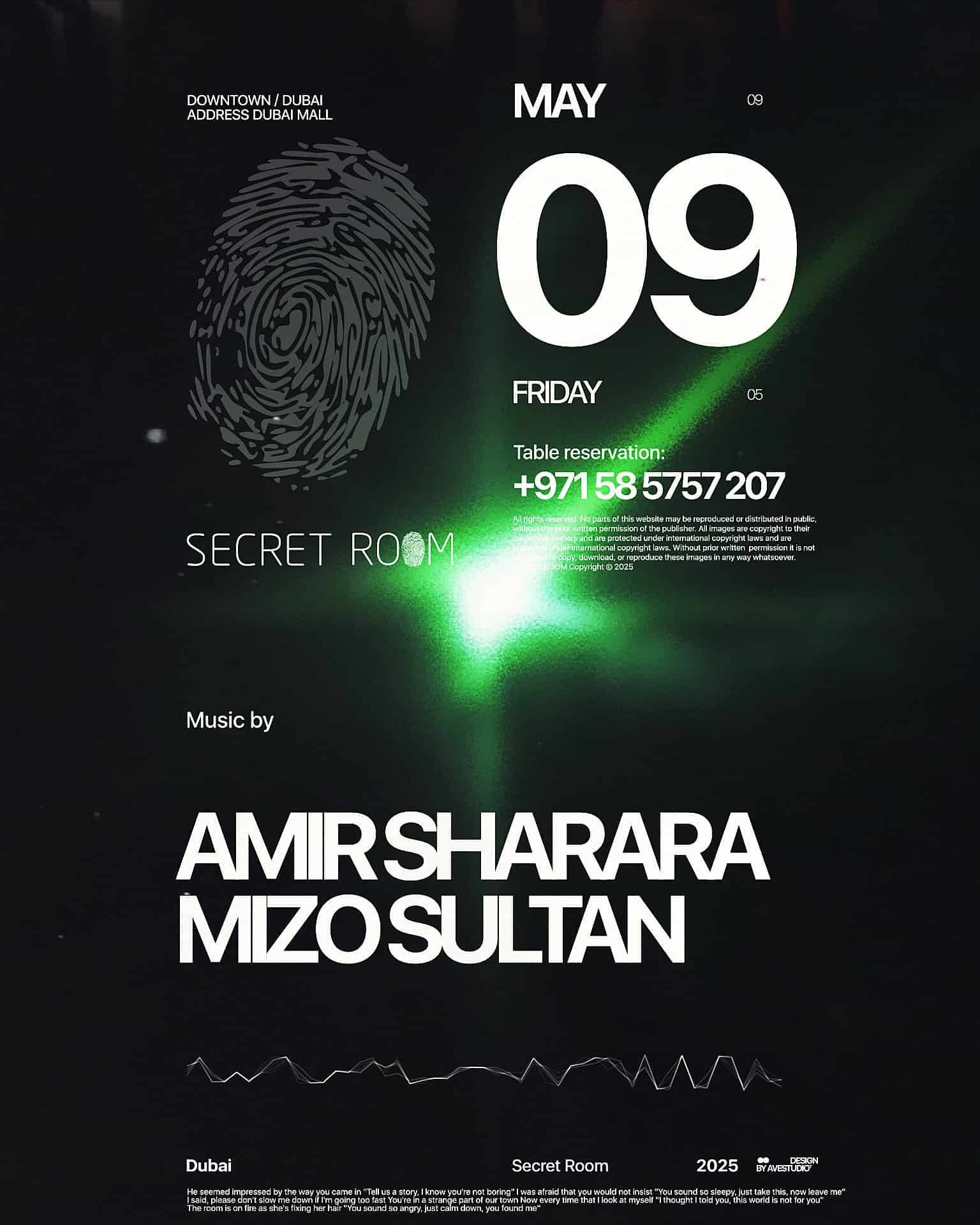 A poster promoting an event at Secret Room in Dubai, featuring Amir Sharara and Mizo Sultan (09 May, 2025)